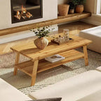Tavolino da Caffè Rettangolare a 2 Ripiani in Legno Massello Marrone, 120 cm, con 4 Gambe