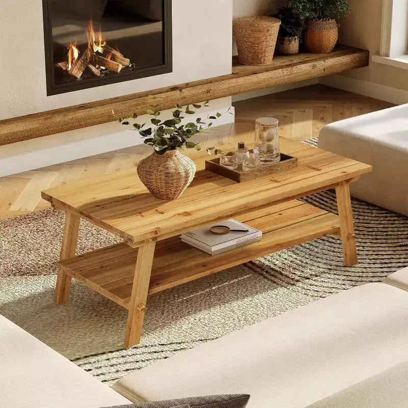 Tavolino da Caffè Rettangolare a 2 Ripiani in Legno Massello Marrone, 120 cm, con 4 Gambe