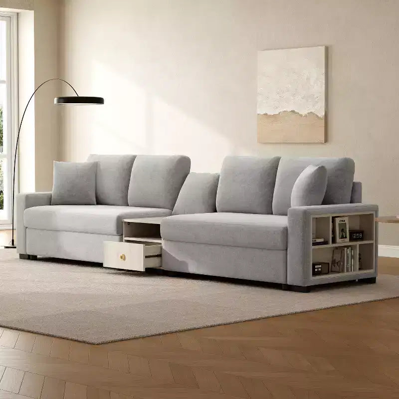 Divano componibile in ciniglia nero/grigio moderno a 4 posti con console e bracciolo contenitore