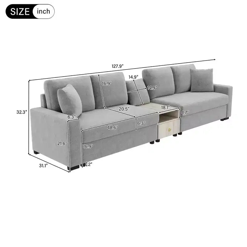 Divano componibile in ciniglia nero/grigio moderno a 4 posti con console e bracciolo contenitore