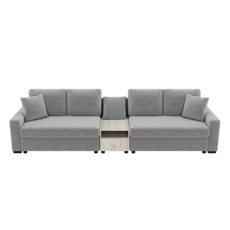 Divano componibile in ciniglia nero/grigio moderno a 4 posti con console e bracciolo contenitore