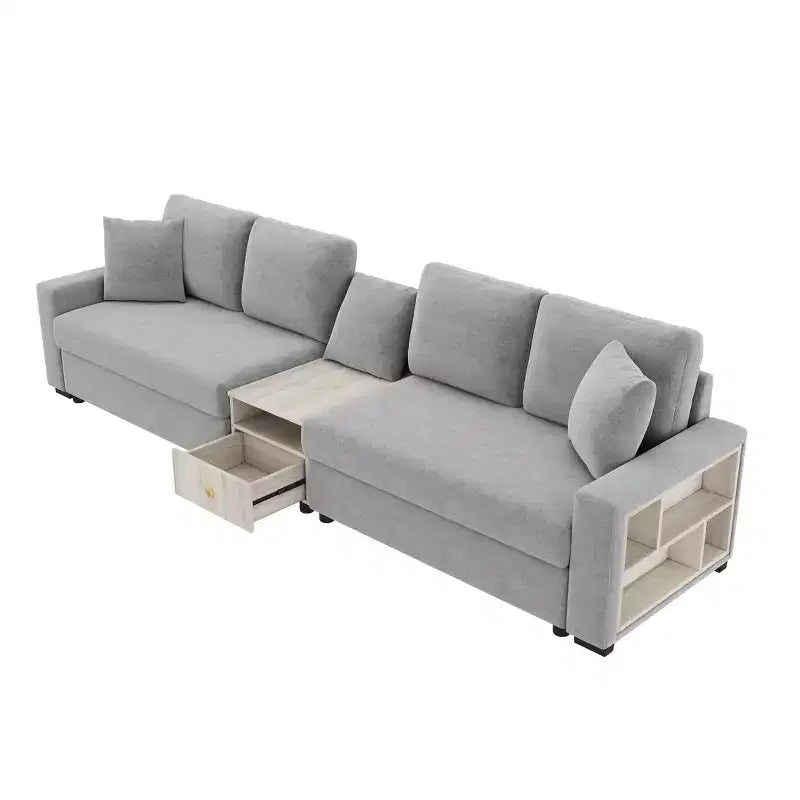 Divano componibile in ciniglia nero/grigio moderno a 4 posti con console e bracciolo contenitore