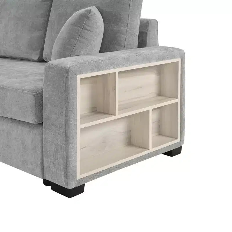 Divano componibile in ciniglia nero/grigio moderno a 4 posti con console e bracciolo contenitore