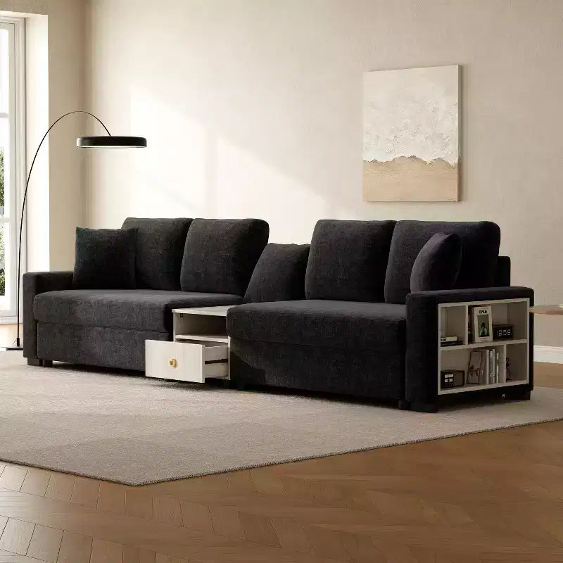 Divano componibile in ciniglia nero/grigio moderno a 4 posti con console e bracciolo contenitore