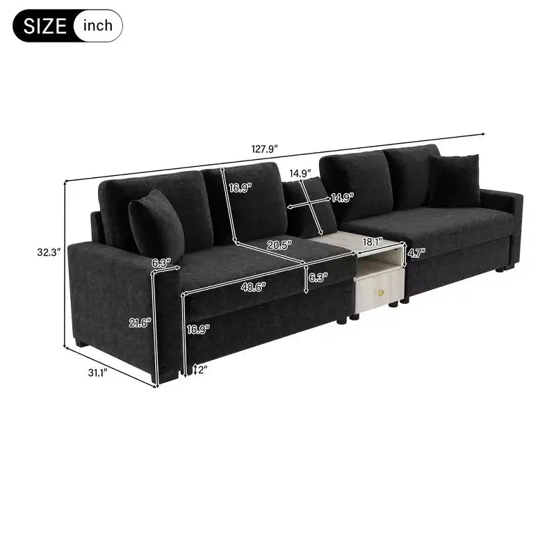 Divano componibile in ciniglia nero/grigio moderno a 4 posti con console e bracciolo contenitore