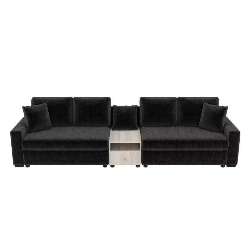 Divano componibile in ciniglia nero/grigio moderno a 4 posti con console e bracciolo contenitore