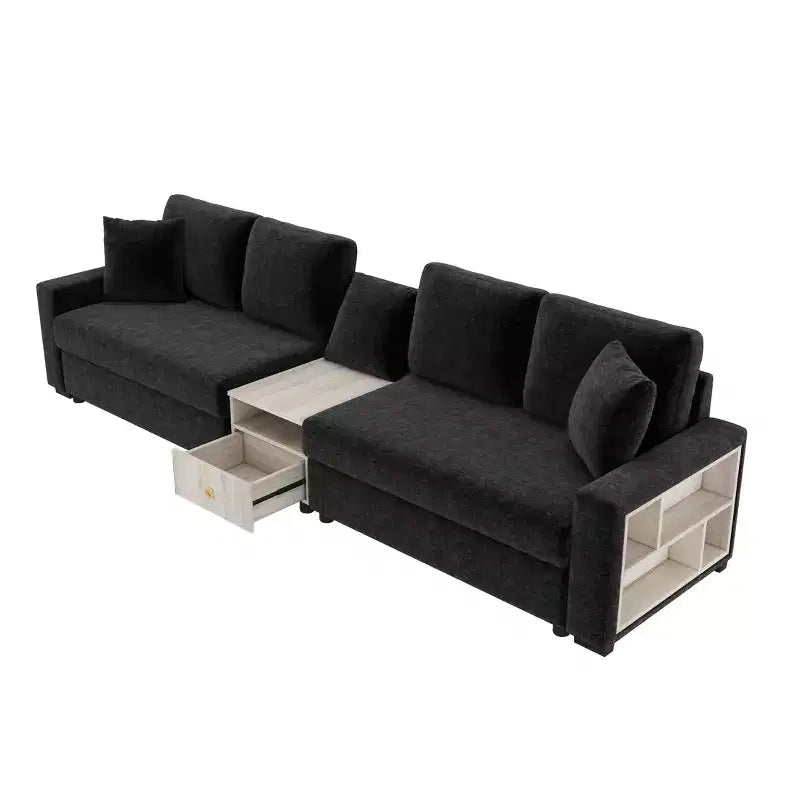 Divano componibile in ciniglia nero/grigio moderno a 4 posti con console e bracciolo contenitore