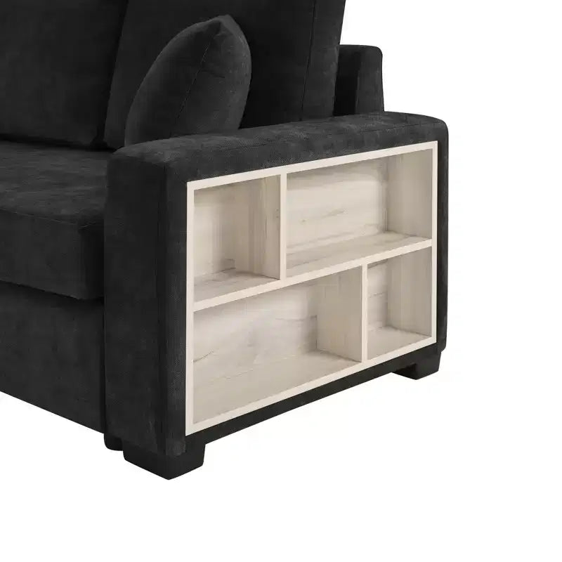 Divano componibile in ciniglia nero/grigio moderno a 4 posti con console e bracciolo contenitore