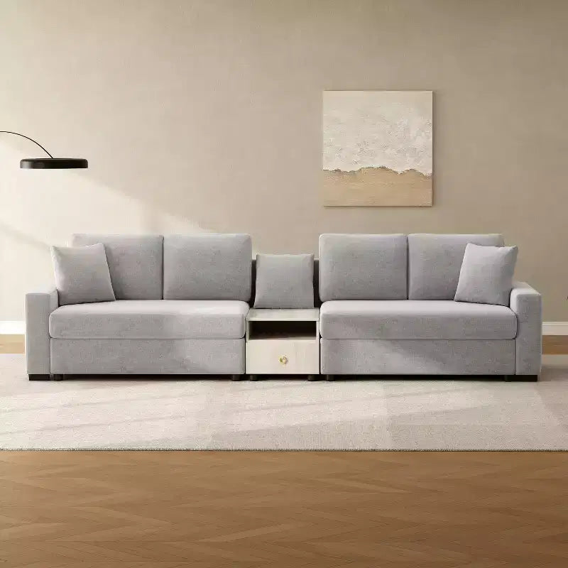 Divano componibile in ciniglia nero/grigio moderno a 4 posti con console e bracciolo contenitore