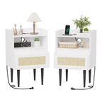 Set of 2 Rattan Nightstands, Boho Bedside Tables with Drawer & Open Shelf, Solid Wood Legs for Bedroom