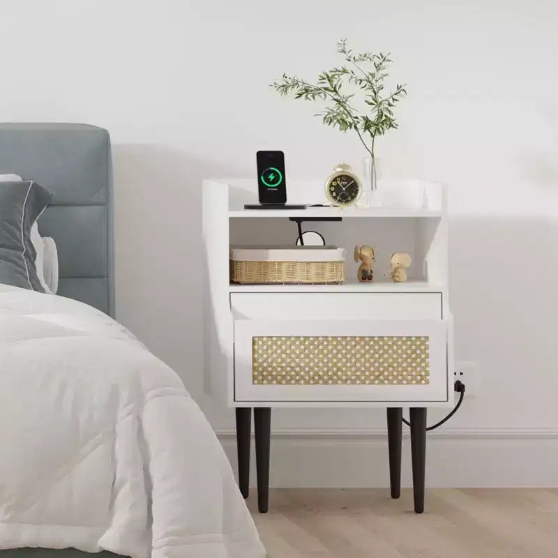 Comodini in rattan bianco set da 2 – Stile Bohemien con cassetto e ripiano aperto