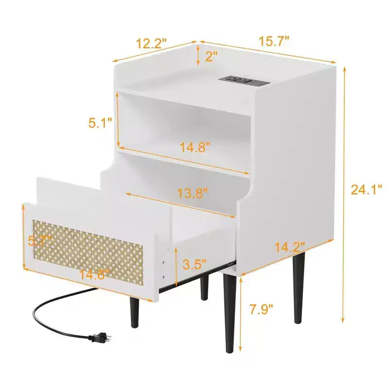 Comodini in rattan bianco set da 2 – Stile Bohemien con cassetto e ripiano aperto