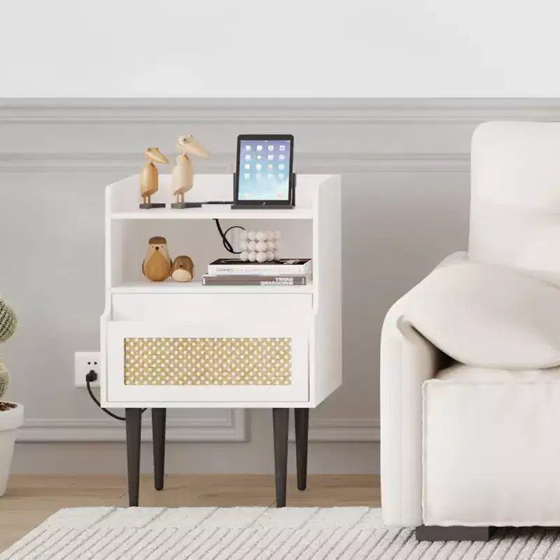 Comodini in rattan bianco set da 2 – Stile Bohemien con cassetto e ripiano aperto