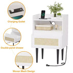 Comodini in rattan bianco set da 2 – Stile Bohemien con cassetto e ripiano aperto