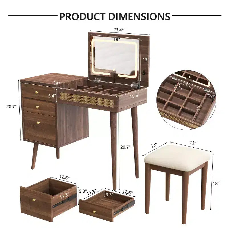Set Scrivania Toeletta Bohémien Noce con Sgabello, Specchio a Scomparsa a LED, 3 Cassetti e 10 Scomparti – 1 Persona