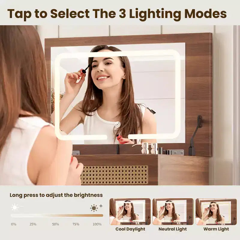 Set Scrivania Toeletta Bohémien Noce con Sgabello, Specchio a Scomparsa a LED, 3 Cassetti e 10 Scomparti – 1 Persona