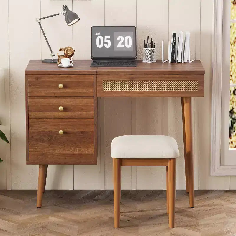 Set Scrivania Toeletta Bohémien Noce con Sgabello, Specchio a Scomparsa a LED, 3 Cassetti e 10 Scomparti – 1 Persona