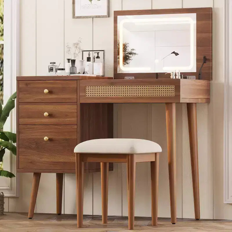 Set Scrivania Toeletta Bohémien Noce con Sgabello, Specchio a Scomparsa a LED, 3 Cassetti e 10 Scomparti – 1 Persona