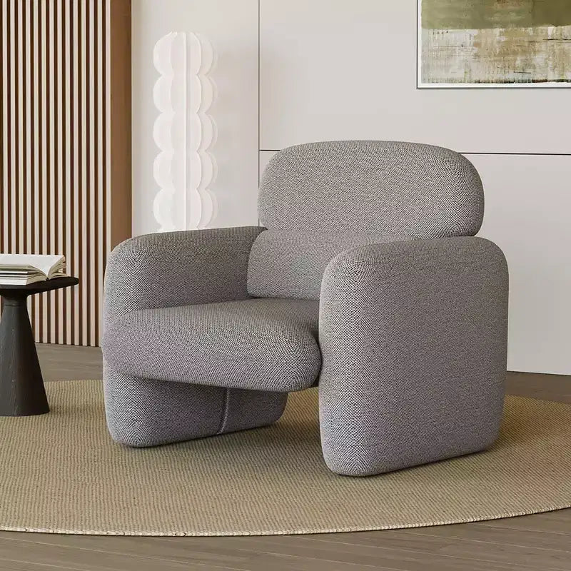 Poltrona singola in lino grigio con struttura in legno