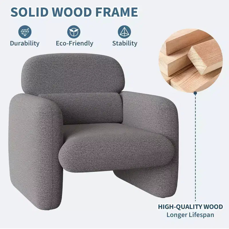Poltrona singola in lino grigio con struttura in legno