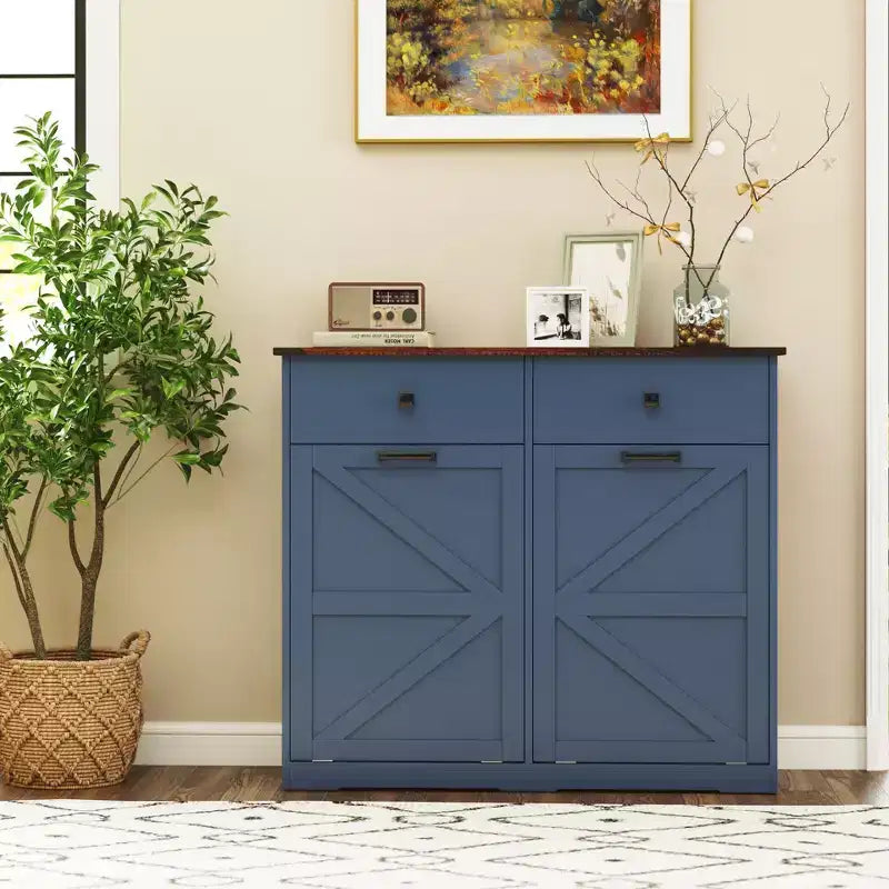 Pattumiera doppia a ribalta da fattoria blu navy/nera/marrone anticata e bianco anticato con cassetto