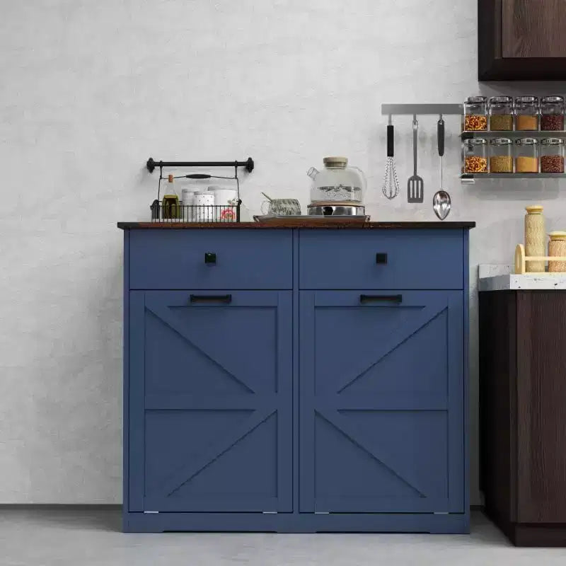 Pattumiera doppia a ribalta da fattoria blu navy/nera/marrone anticata e bianco anticato con cassetto
