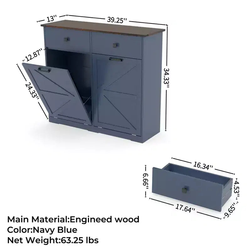 Pattumiera doppia a ribalta da fattoria blu navy/nera/marrone anticata e bianco anticato con cassetto