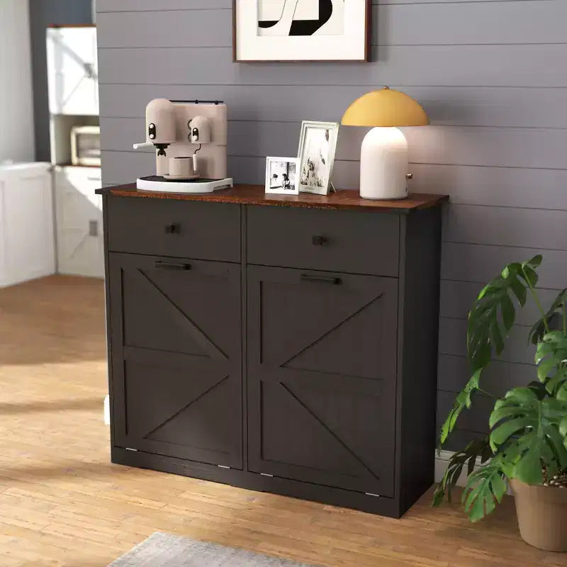 Pattumiera doppia a ribalta da fattoria blu navy/nera/marrone anticata e bianco anticato con cassetto