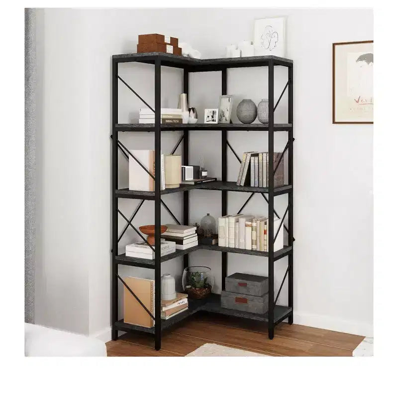 Libreria angolare a 5 ripiani a forma di L marrone/grigio scuro/oro/bianco, montaggio singolo
