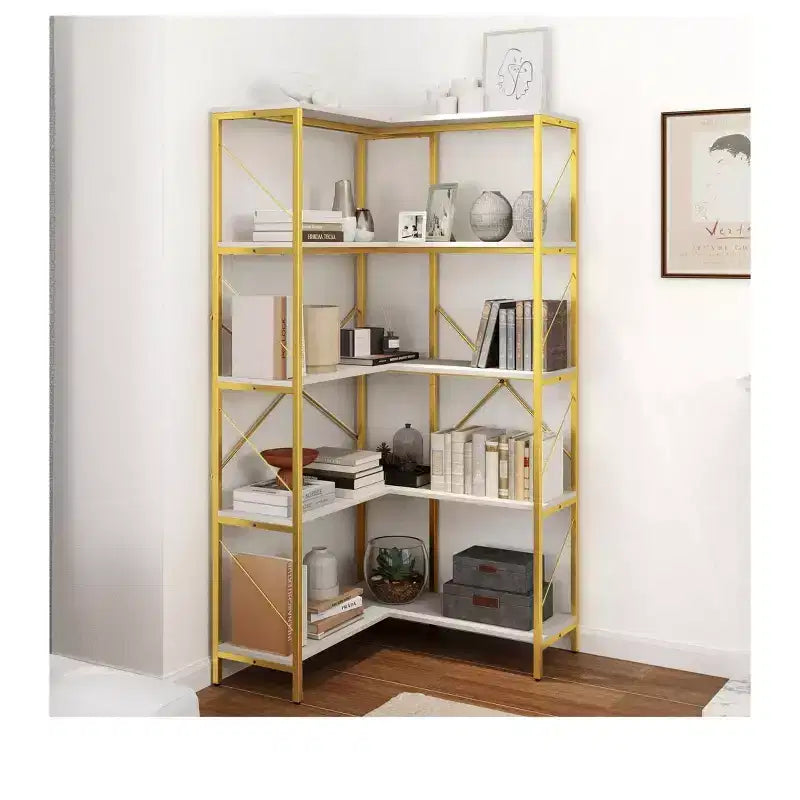 Libreria angolare a 5 ripiani a forma di L marrone/grigio scuro/oro/bianco, montaggio singolo