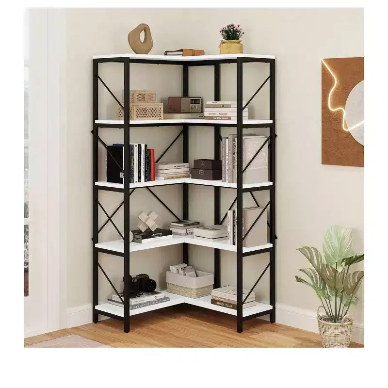 Libreria angolare a 5 ripiani a forma di L marrone/grigio scuro/oro/bianco, montaggio singolo