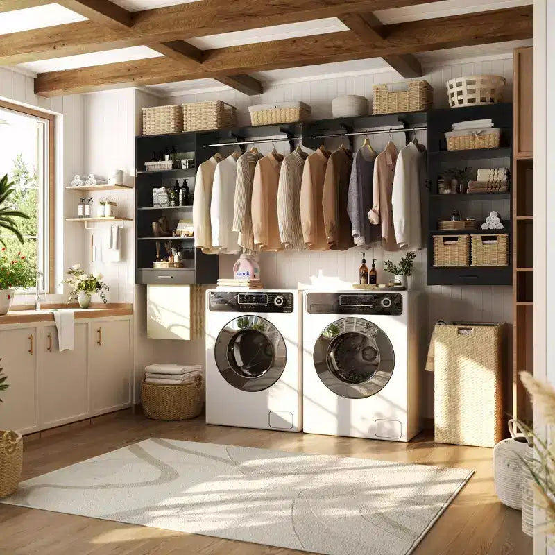 Organizzatore per Armadio a Muro Color Rovere Beige / Nero / Naturale / Bianco con Asta Appendiabiti, Ripiani e Cassetto Scorrevole
