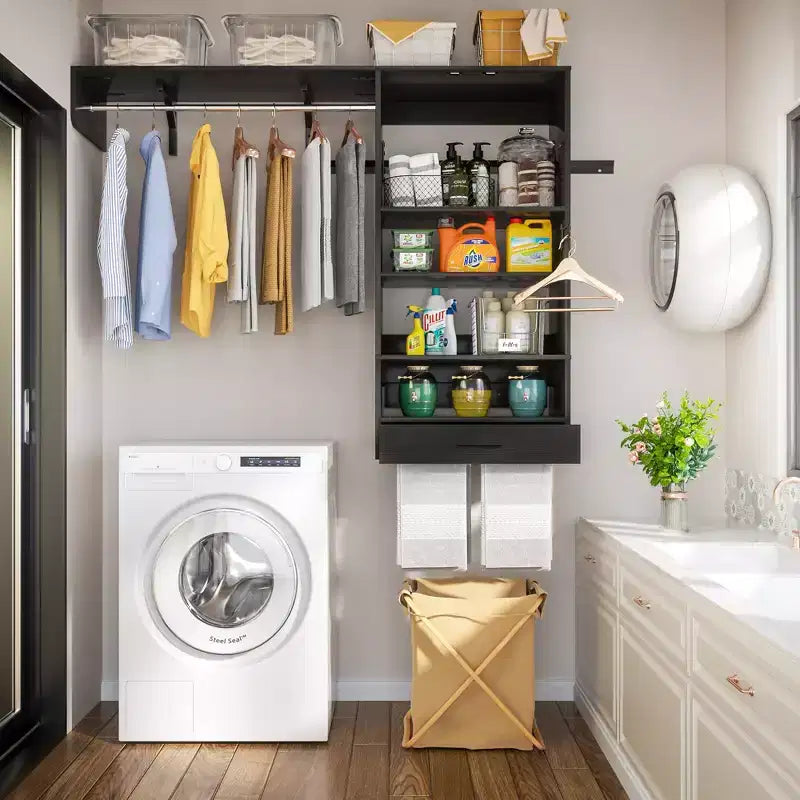Organizzatore per Armadio a Muro Color Rovere Beige / Nero / Naturale / Bianco con Asta Appendiabiti, Ripiani e Cassetto Scorrevole