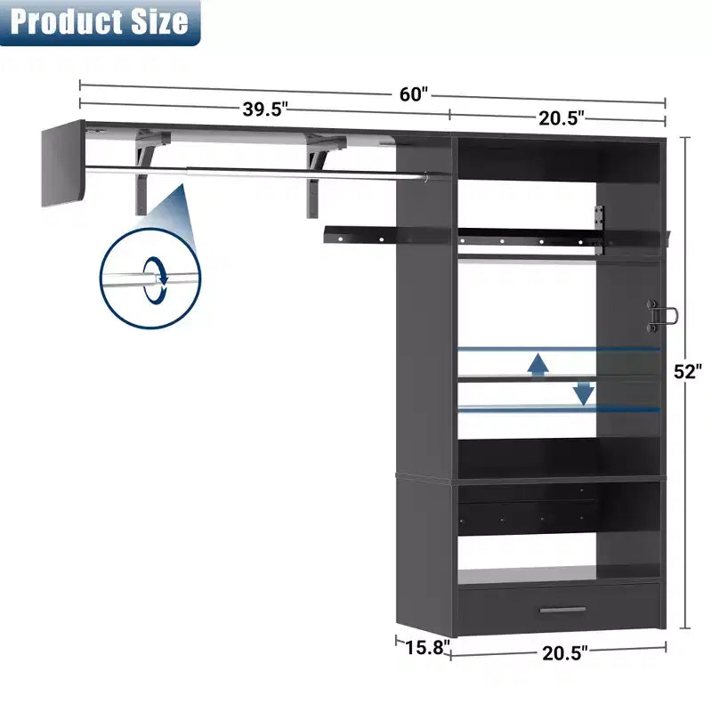Organizzatore per Armadio a Muro Color Rovere Beige / Nero / Naturale / Bianco con Asta Appendiabiti, Ripiani e Cassetto Scorrevole