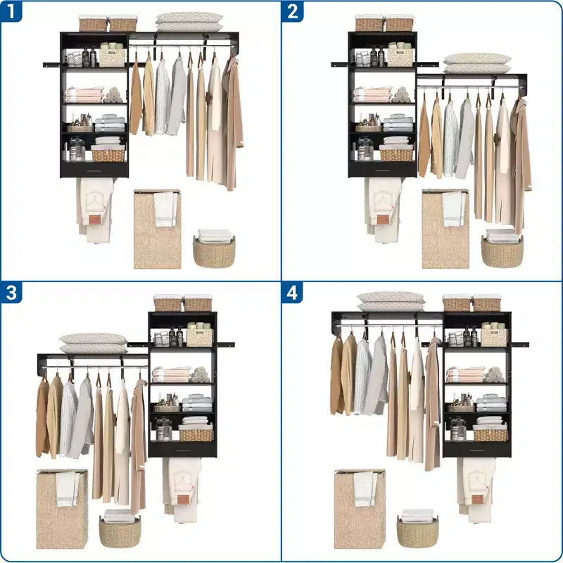 Organizzatore per Armadio a Muro Color Rovere Beige / Nero / Naturale / Bianco con Asta Appendiabiti, Ripiani e Cassetto Scorrevole
