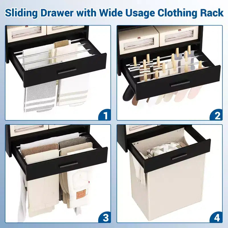 Organizzatore per Armadio a Muro Color Rovere Beige / Nero / Naturale / Bianco con Asta Appendiabiti, Ripiani e Cassetto Scorrevole