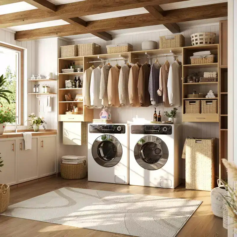 Organizzatore per Armadio a Muro Color Rovere Beige / Nero / Naturale / Bianco con Asta Appendiabiti, Ripiani e Cassetto Scorrevole