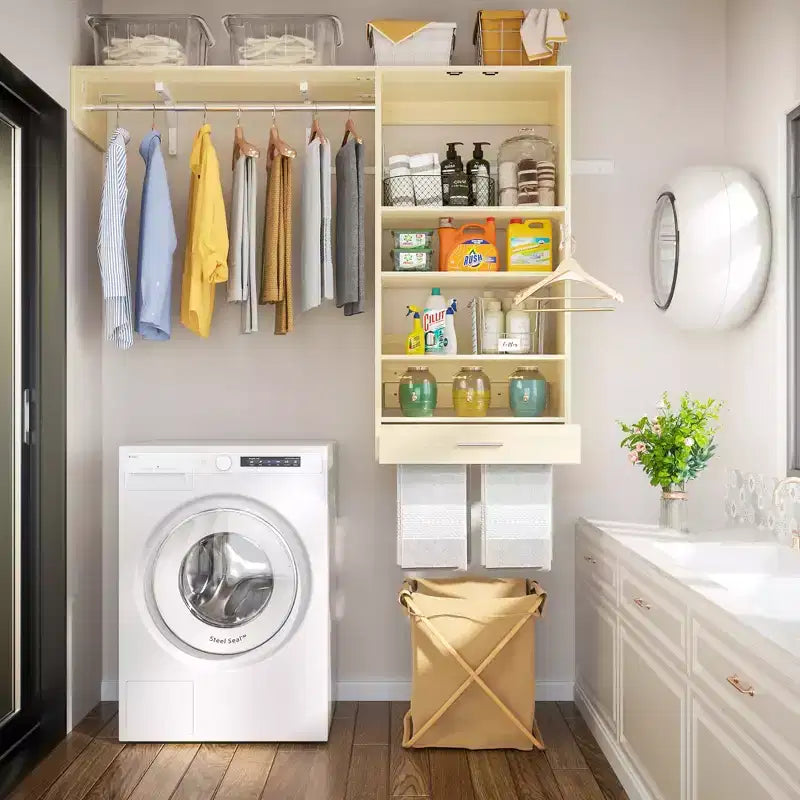 Organizzatore per Armadio a Muro Color Rovere Beige / Nero / Naturale / Bianco con Asta Appendiabiti, Ripiani e Cassetto Scorrevole