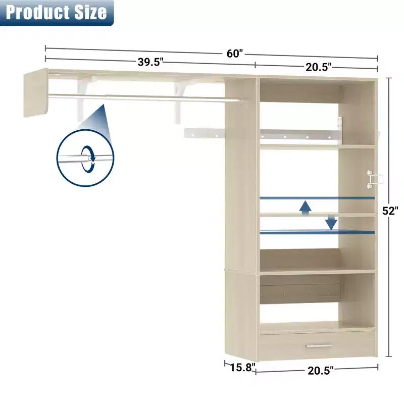 Organizzatore per Armadio a Muro Color Rovere Beige / Nero / Naturale / Bianco con Asta Appendiabiti, Ripiani e Cassetto Scorrevole