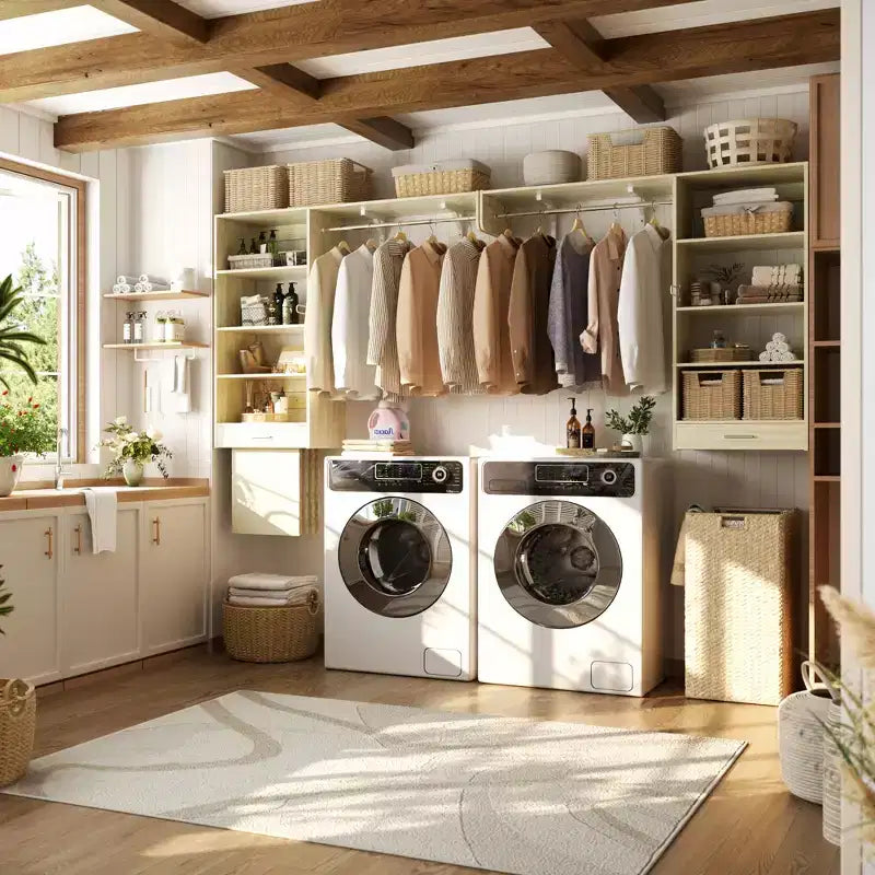 Organizzatore per Armadio a Muro Color Rovere Beige / Nero / Naturale / Bianco con Asta Appendiabiti, Ripiani e Cassetto Scorrevole