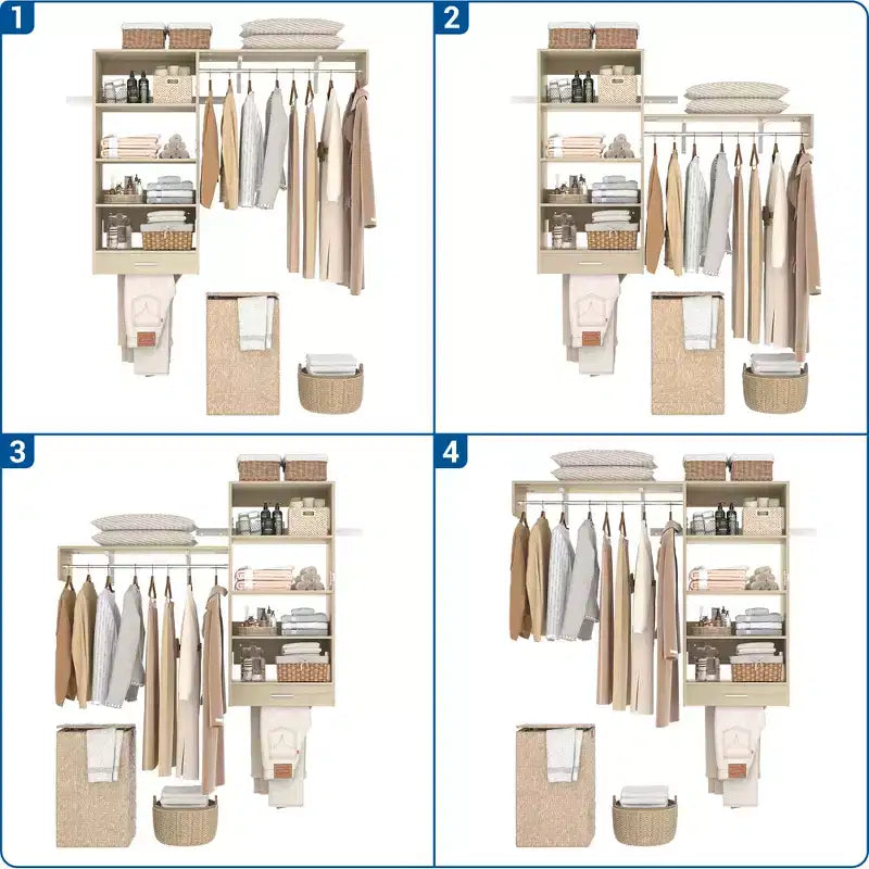 Organizzatore per Armadio a Muro Color Rovere Beige / Nero / Naturale / Bianco con Asta Appendiabiti, Ripiani e Cassetto Scorrevole