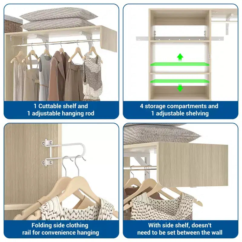 Organizzatore per Armadio a Muro Color Rovere Beige / Nero / Naturale / Bianco con Asta Appendiabiti, Ripiani e Cassetto Scorrevole