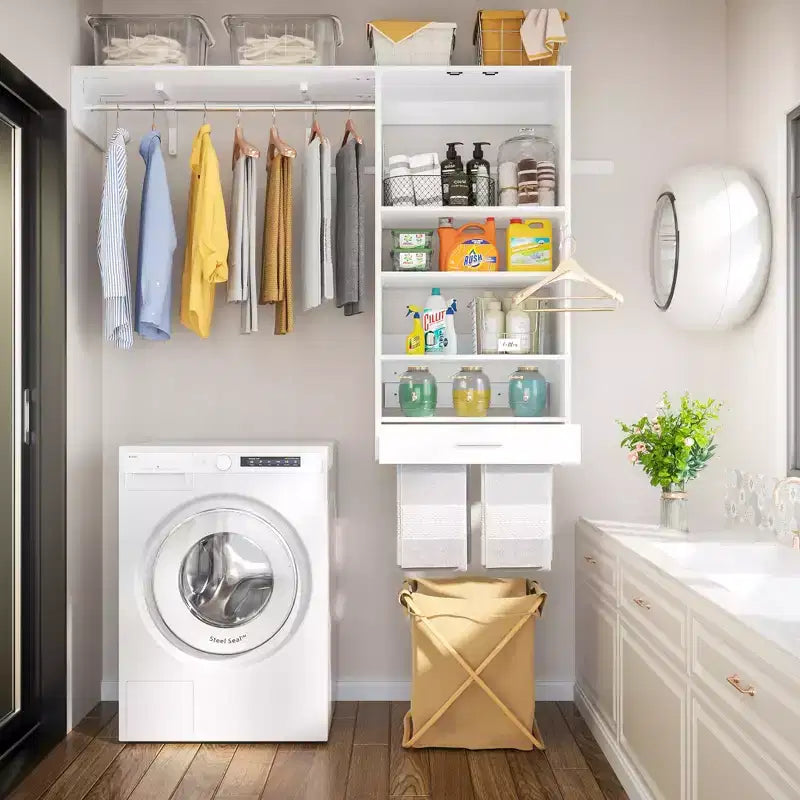 Organizzatore per Armadio a Muro Color Rovere Beige / Nero / Naturale / Bianco con Asta Appendiabiti, Ripiani e Cassetto Scorrevole