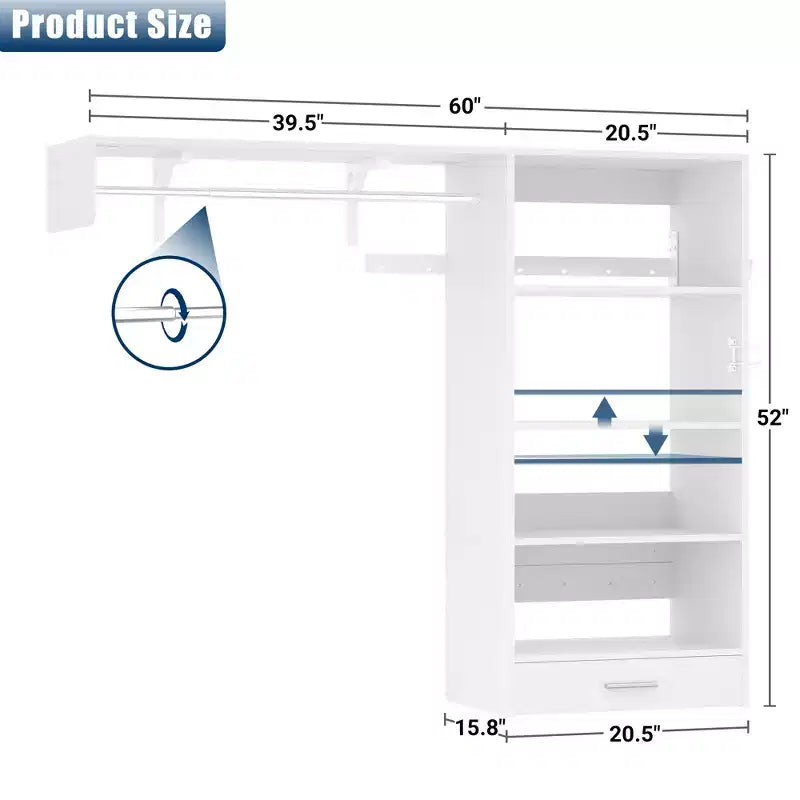 Organizzatore per Armadio a Muro Color Rovere Beige / Nero / Naturale / Bianco con Asta Appendiabiti, Ripiani e Cassetto Scorrevole