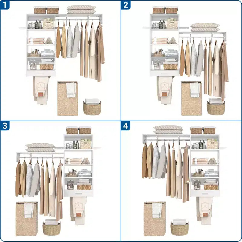 Organizzatore per Armadio a Muro Color Rovere Beige / Nero / Naturale / Bianco con Asta Appendiabiti, Ripiani e Cassetto Scorrevole