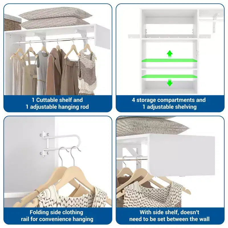 Organizzatore per Armadio a Muro Color Rovere Beige / Nero / Naturale / Bianco con Asta Appendiabiti, Ripiani e Cassetto Scorrevole