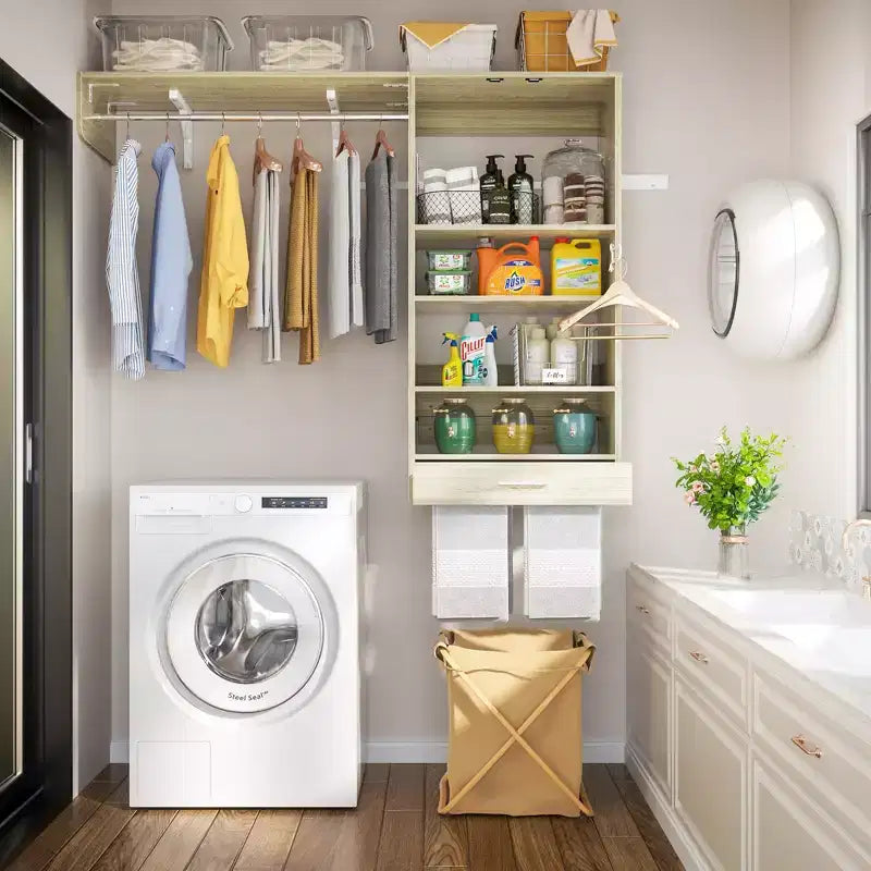 Organizzatore per Armadio a Muro Color Rovere Beige / Nero / Naturale / Bianco con Asta Appendiabiti, Ripiani e Cassetto Scorrevole