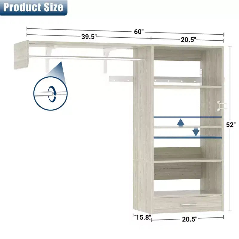 Organizzatore per Armadio a Muro Color Rovere Beige / Nero / Naturale / Bianco con Asta Appendiabiti, Ripiani e Cassetto Scorrevole