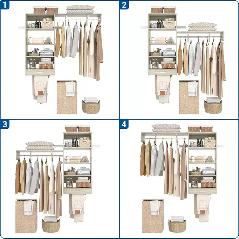 Organizzatore per Armadio a Muro Color Rovere Beige / Nero / Naturale / Bianco con Asta Appendiabiti, Ripiani e Cassetto Scorrevole