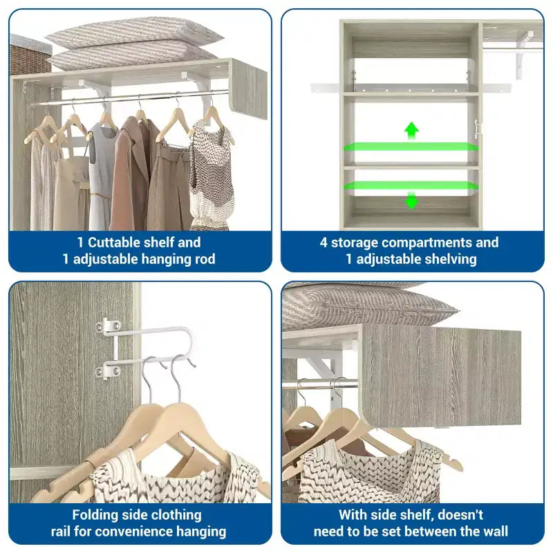 Organizzatore per Armadio a Muro Color Rovere Beige / Nero / Naturale / Bianco con Asta Appendiabiti, Ripiani e Cassetto Scorrevole